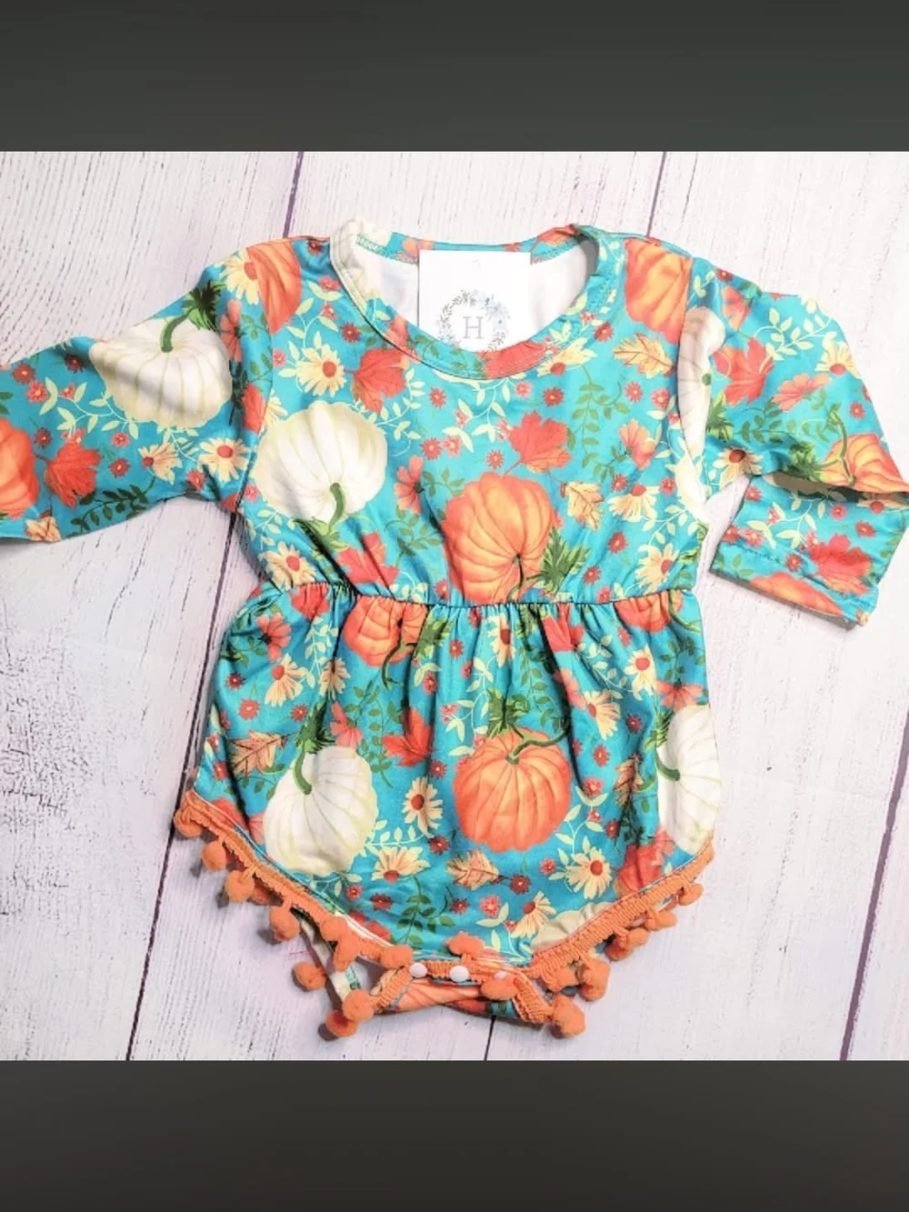 Turquoise Pumpkin Print Pom Trim Baby One-Piece
